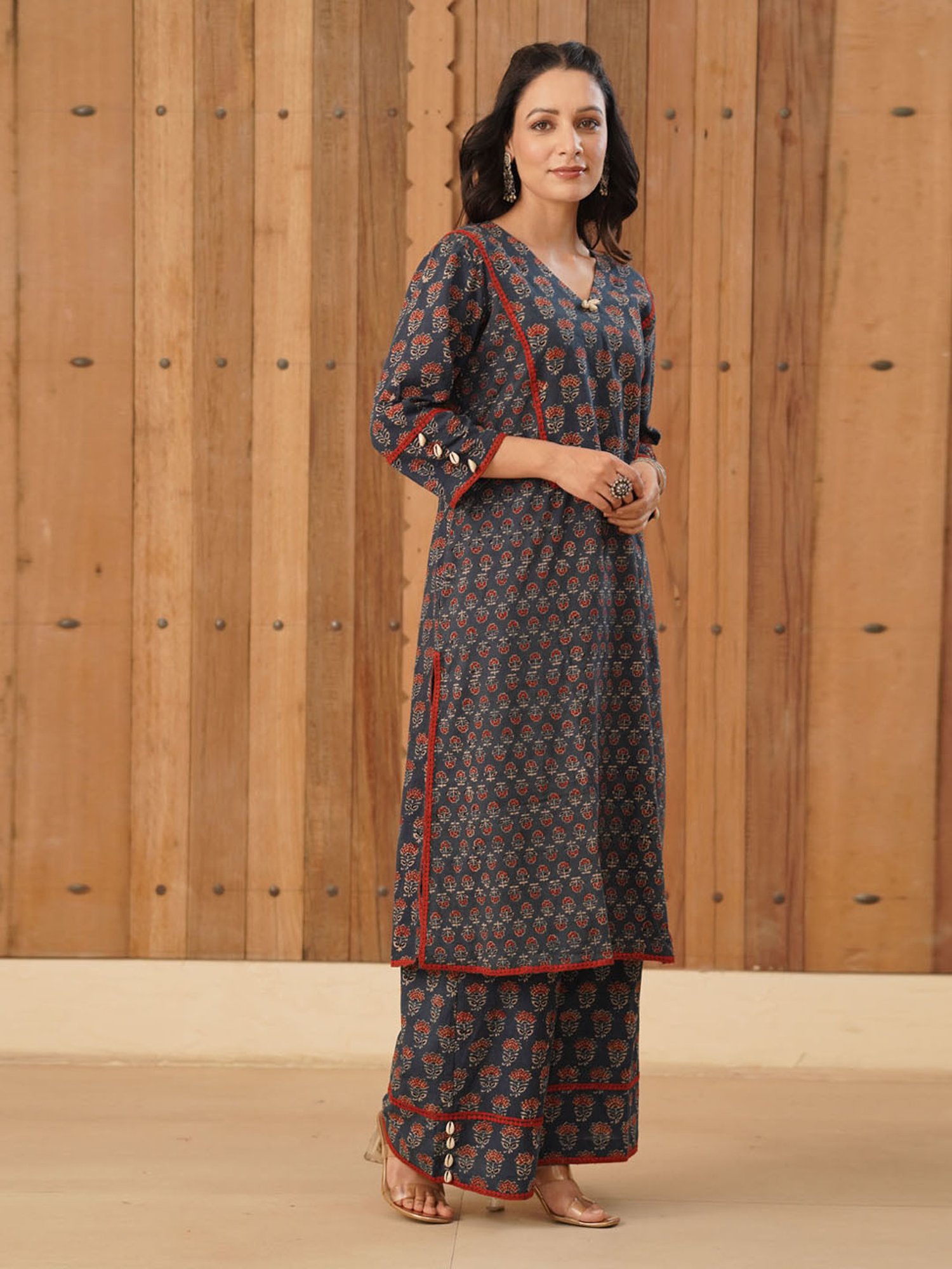 Love Chic Ajrakh Cotton Kurta with cowrie shells and crochet lace details