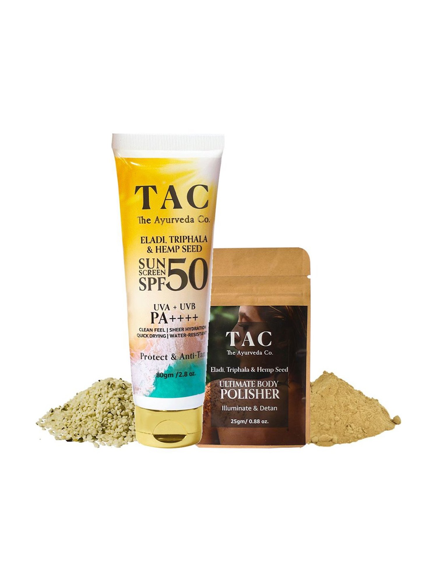 TAC- The Ayurveda Co. Eladi, Triphla & Hemp Seed Oil SPF 50 Sunscreen & Body Polisher Scrub