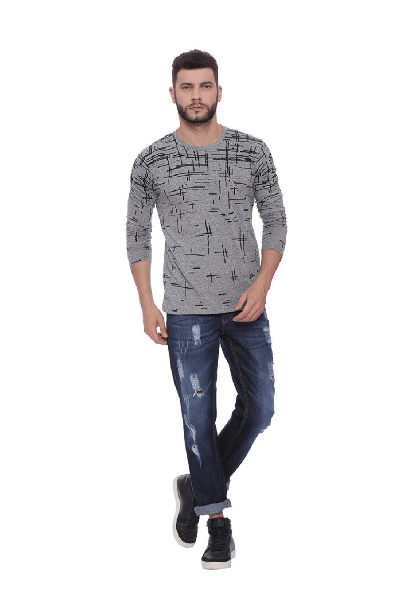 Campus Sutra Grey Printed Cotton T-Shirt