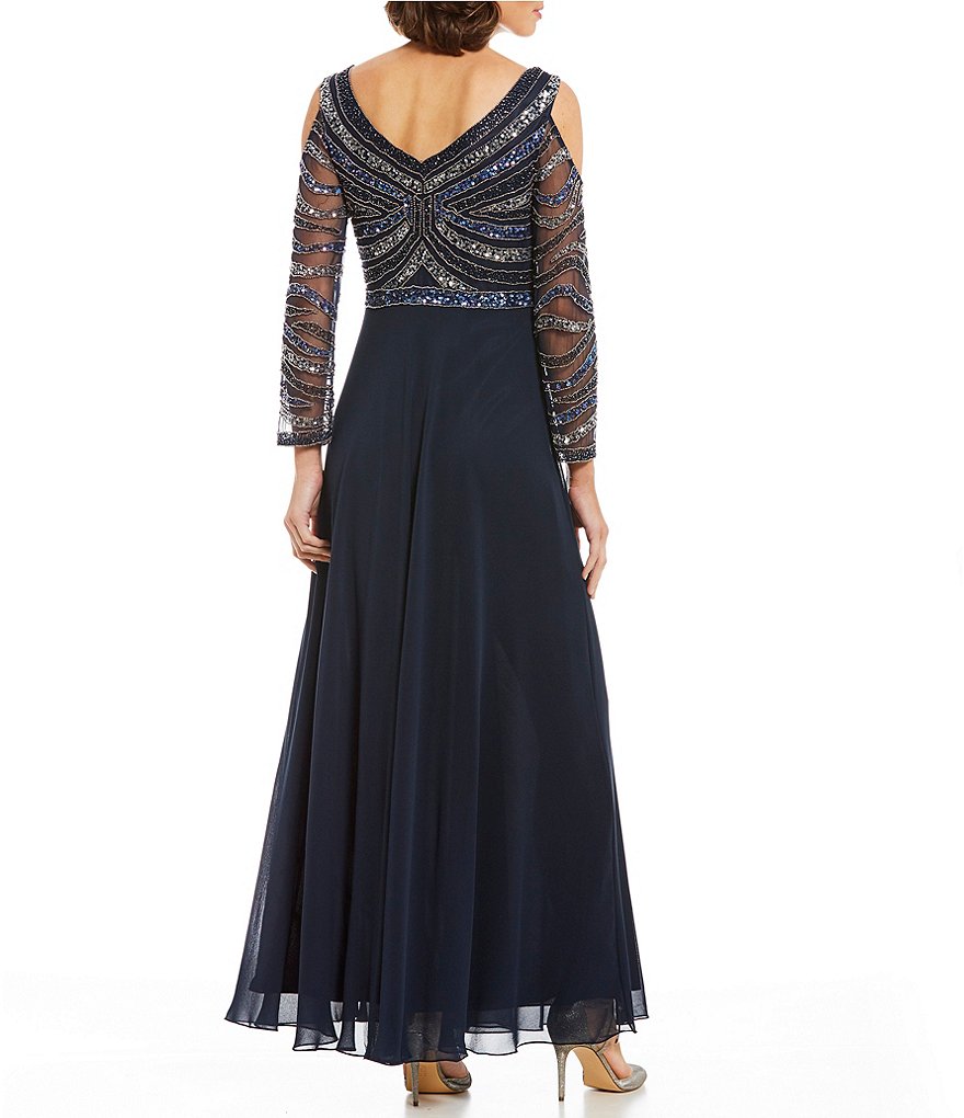 Jkara Petite Size V-Neck Cold Shoulder Long Sleeve Sequin Gown