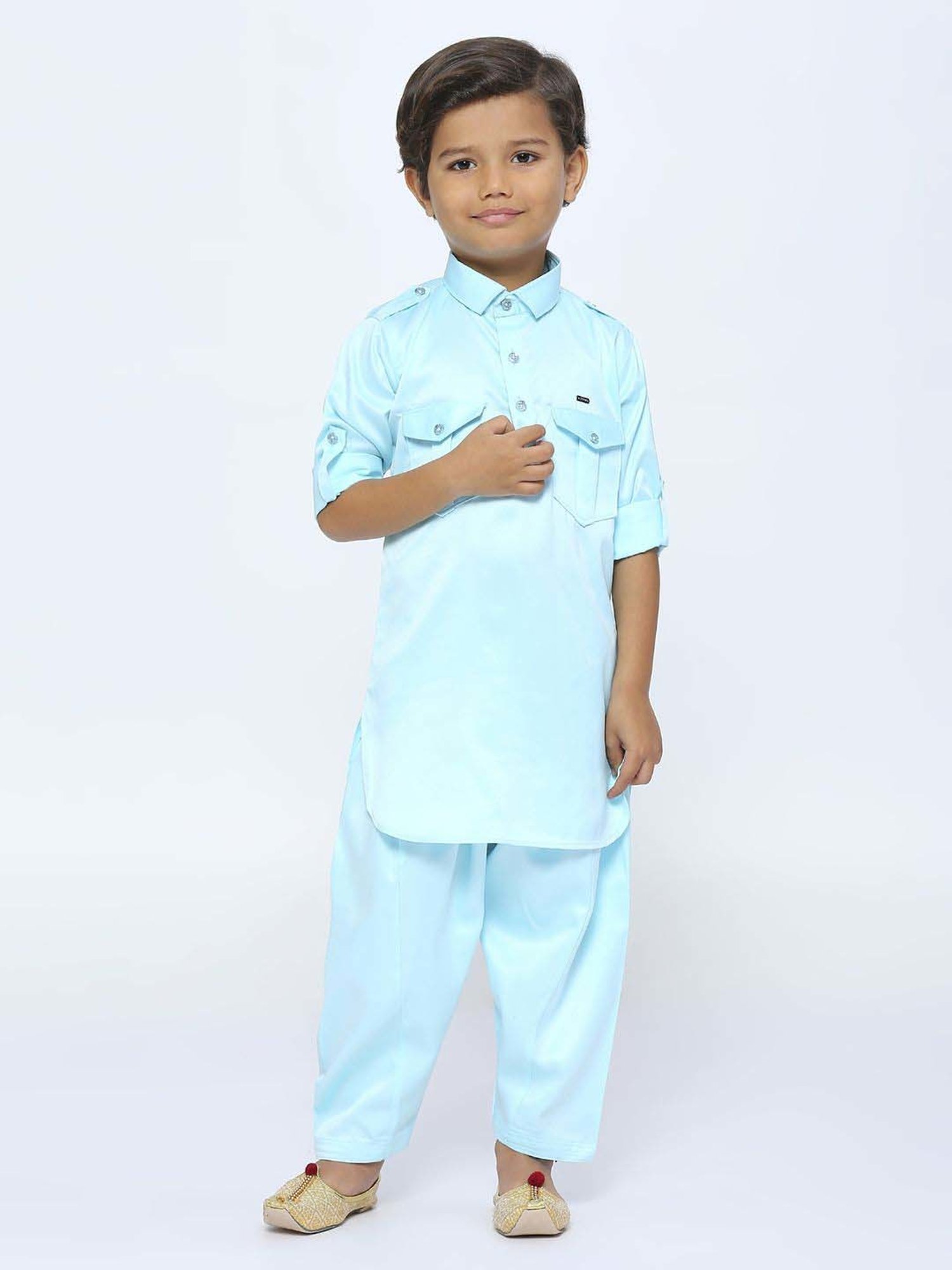 Kids Island Boys Blue Solid Full Sleeves Kurta Set