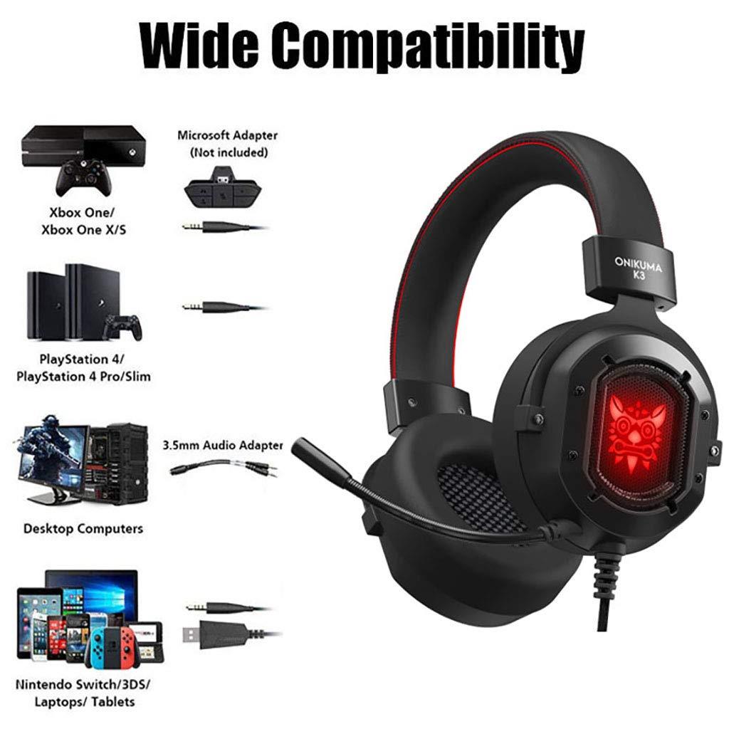 onikuma k3 stereo gaming headset for xbox one, pc, ps4 overear headphones with noise canceling mic, soft breathing earmuffs, led light, mute&volume control for mac laptop tablet smatphone