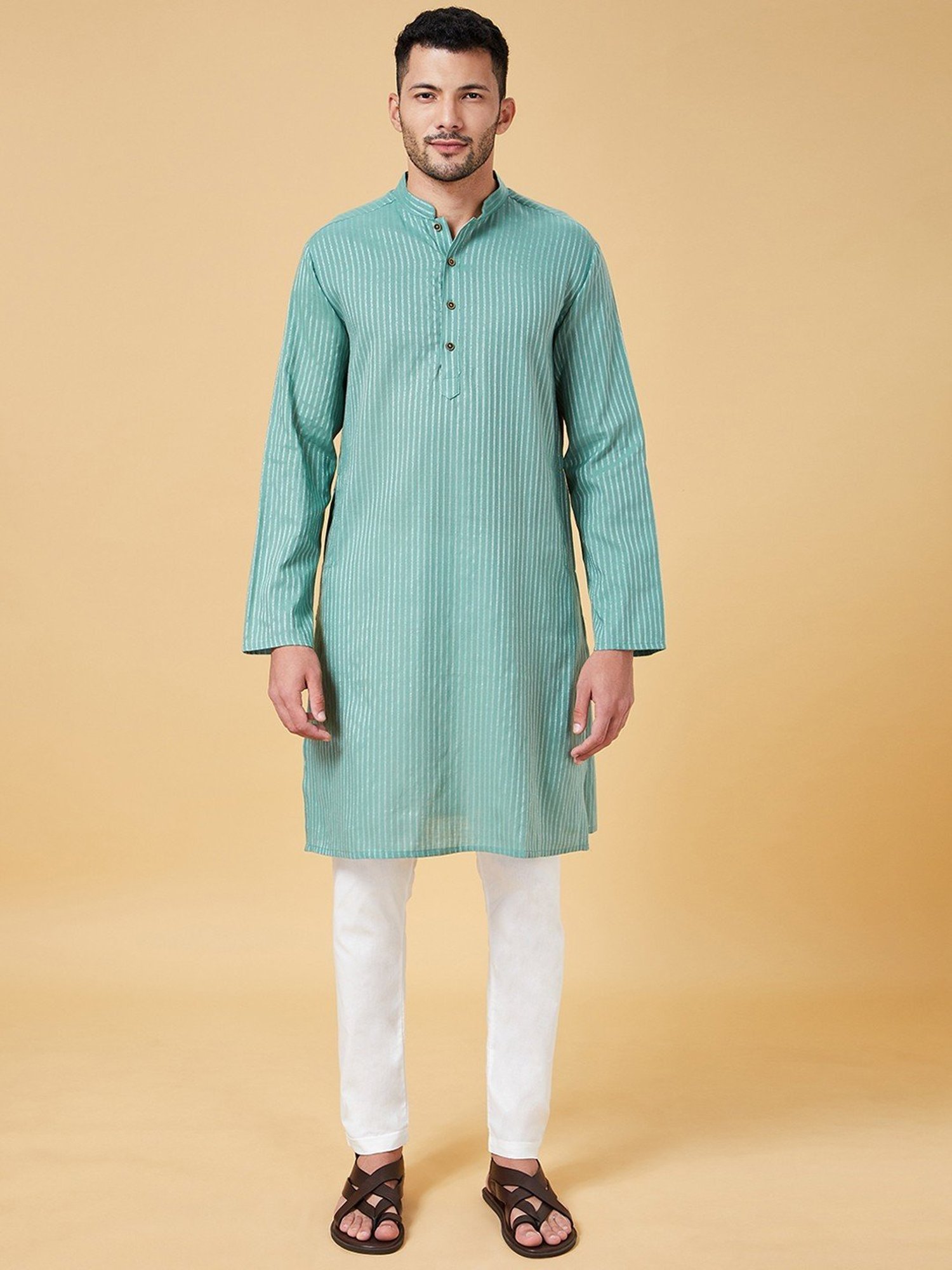 Indus Route By Pantaloons Sea Green Cotton Regular Fit Striped Kurta