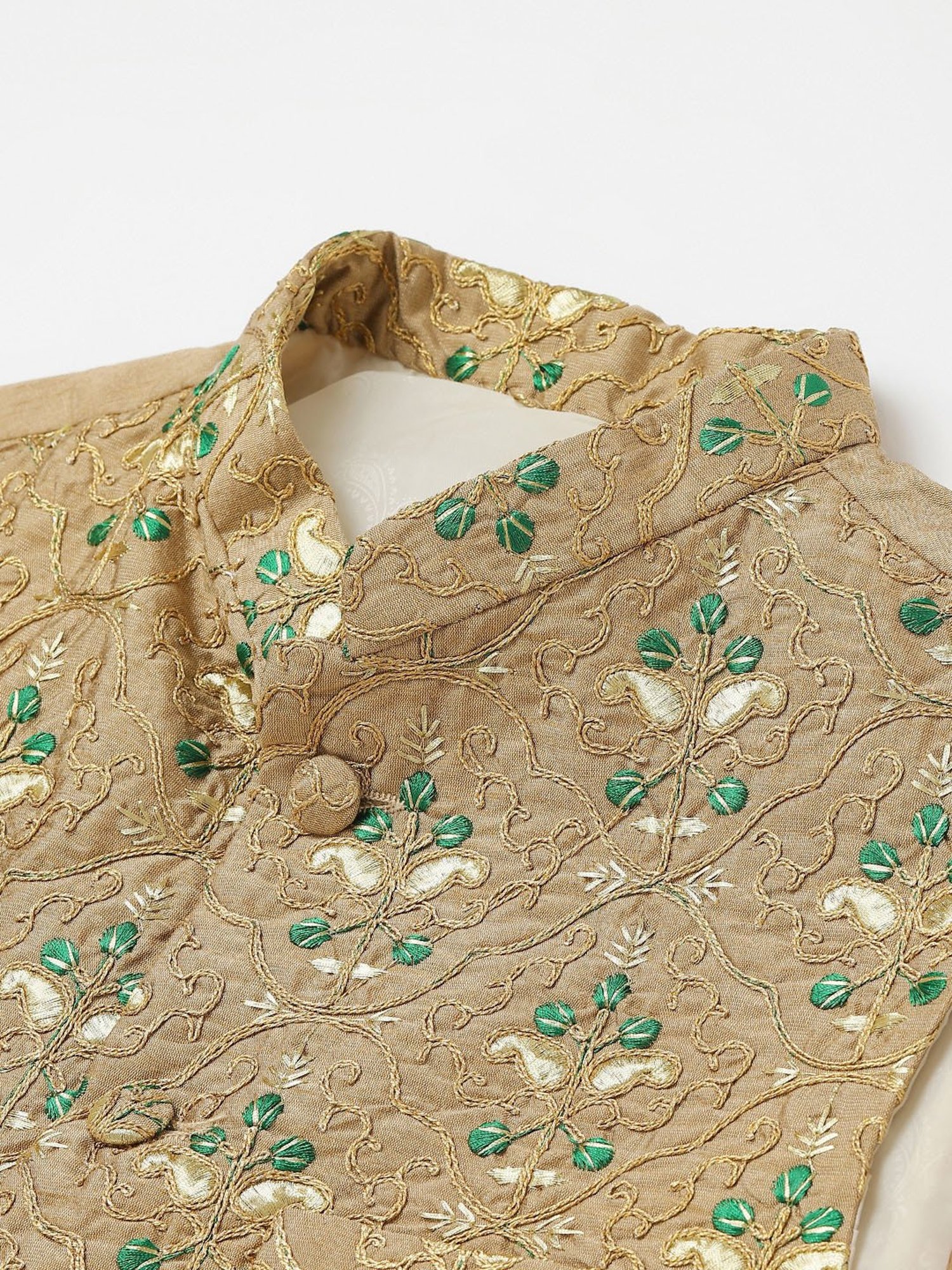 Hangup Khaki Embroided Kurta & Churidar Set With Nehru Jacket