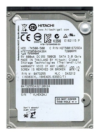 Hitachi 0A73255 HTE725050A9A364 Travelstar 7K500 500Gb 7200RPM Serial ATA-3.0Gbps 7-Pin 16Mb Cache 2.5" Hard Drive