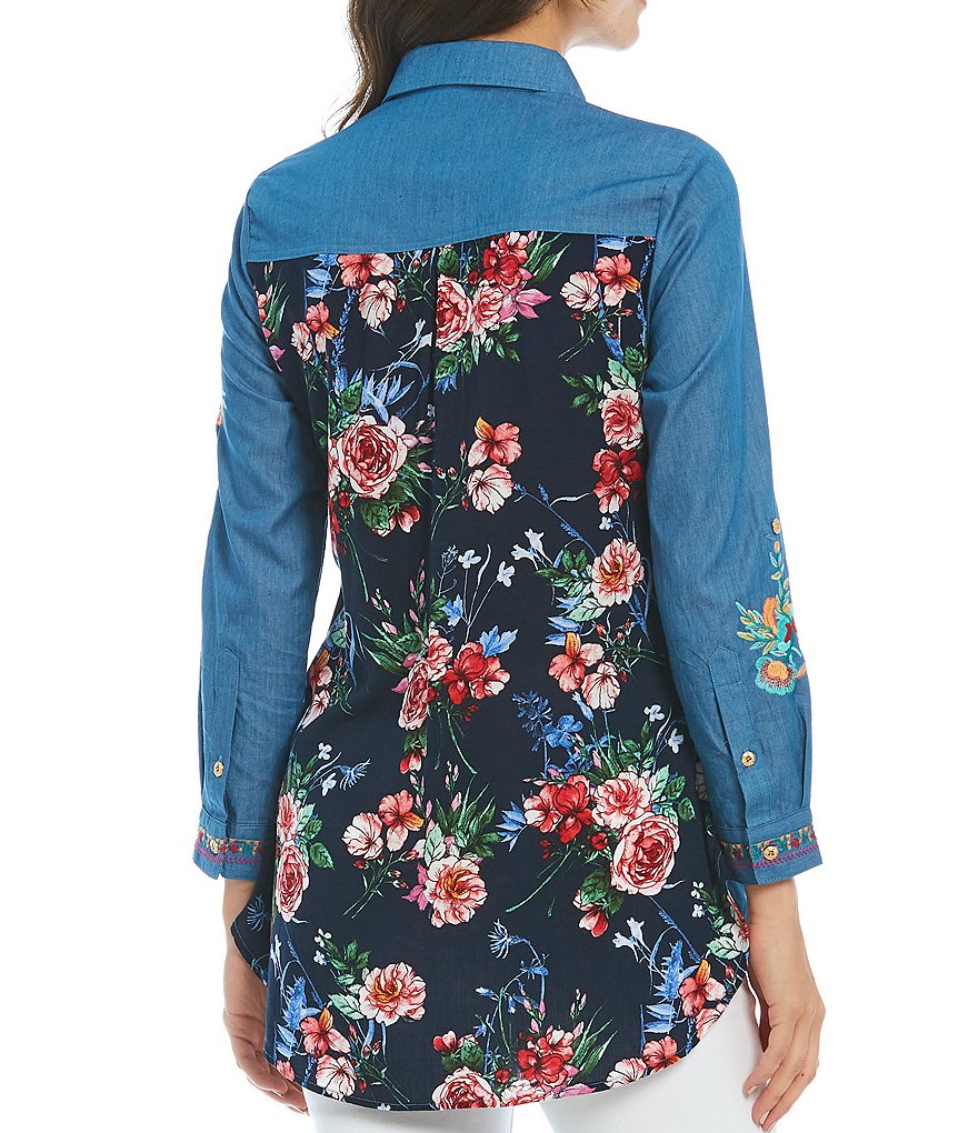 Calessa Embroidered Contrast Back Button Front Poplin Tunic