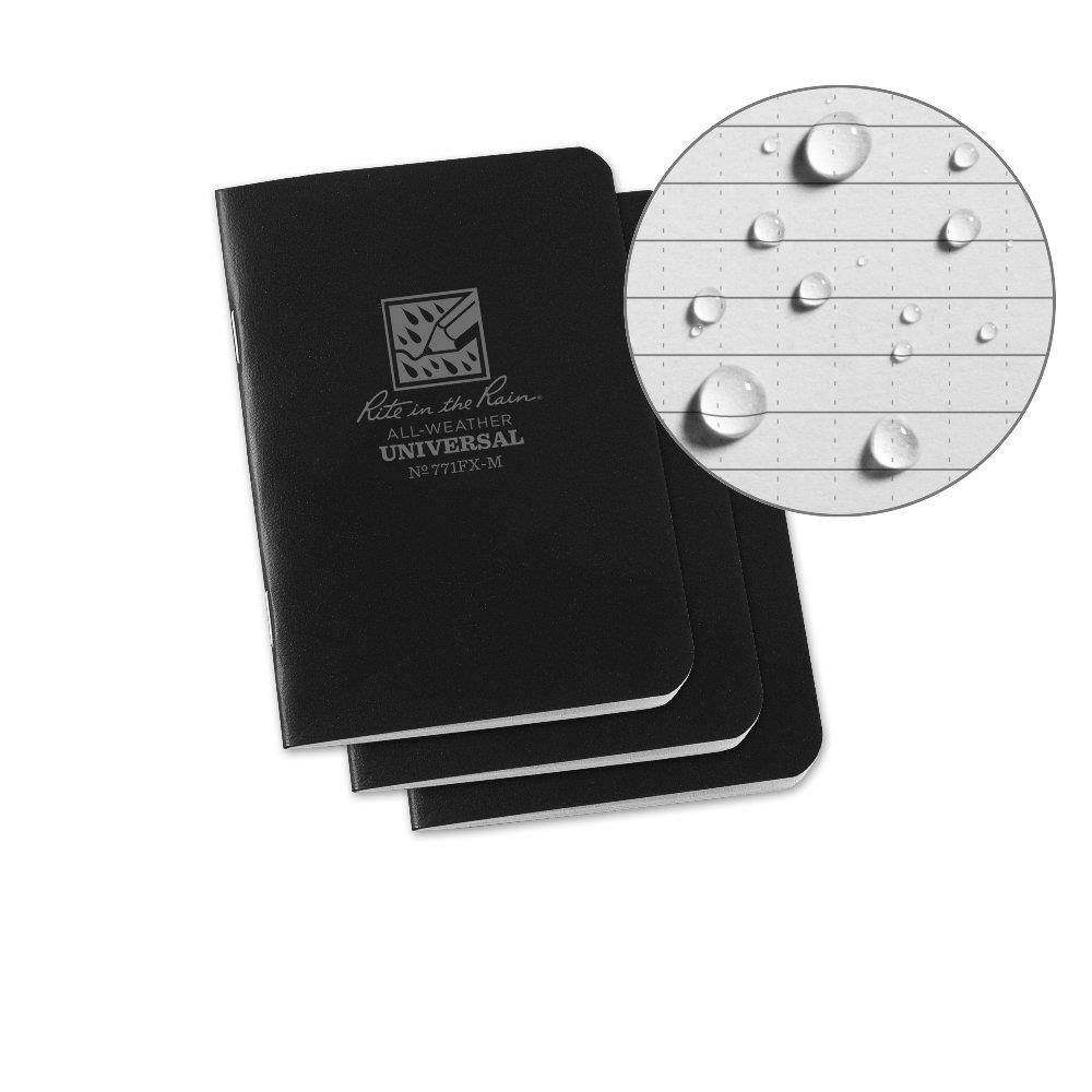 Rite in the Rain Weatherproof Mini-Stapled Notebook, 3 1/4" x 4 5/8", Black Cover, Universal Pattern, 3 Pack (No. 771FX-M)