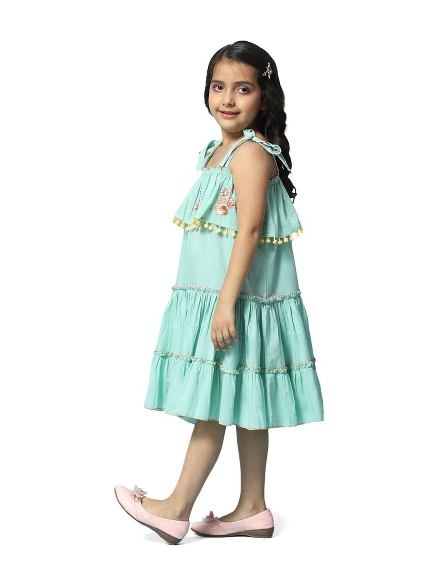 BIBA Girls Green Cotton Embroidered Dress