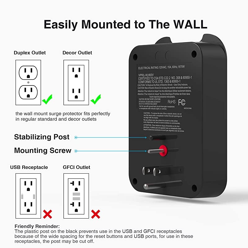 Outlet Surge Protector Power Strip Multi Plug Outlet Extender 6Outlets 3 USB 45A Mountable Adapter with Type C Port Phone Holder for Office Home Christmas Gift490 Joules Black