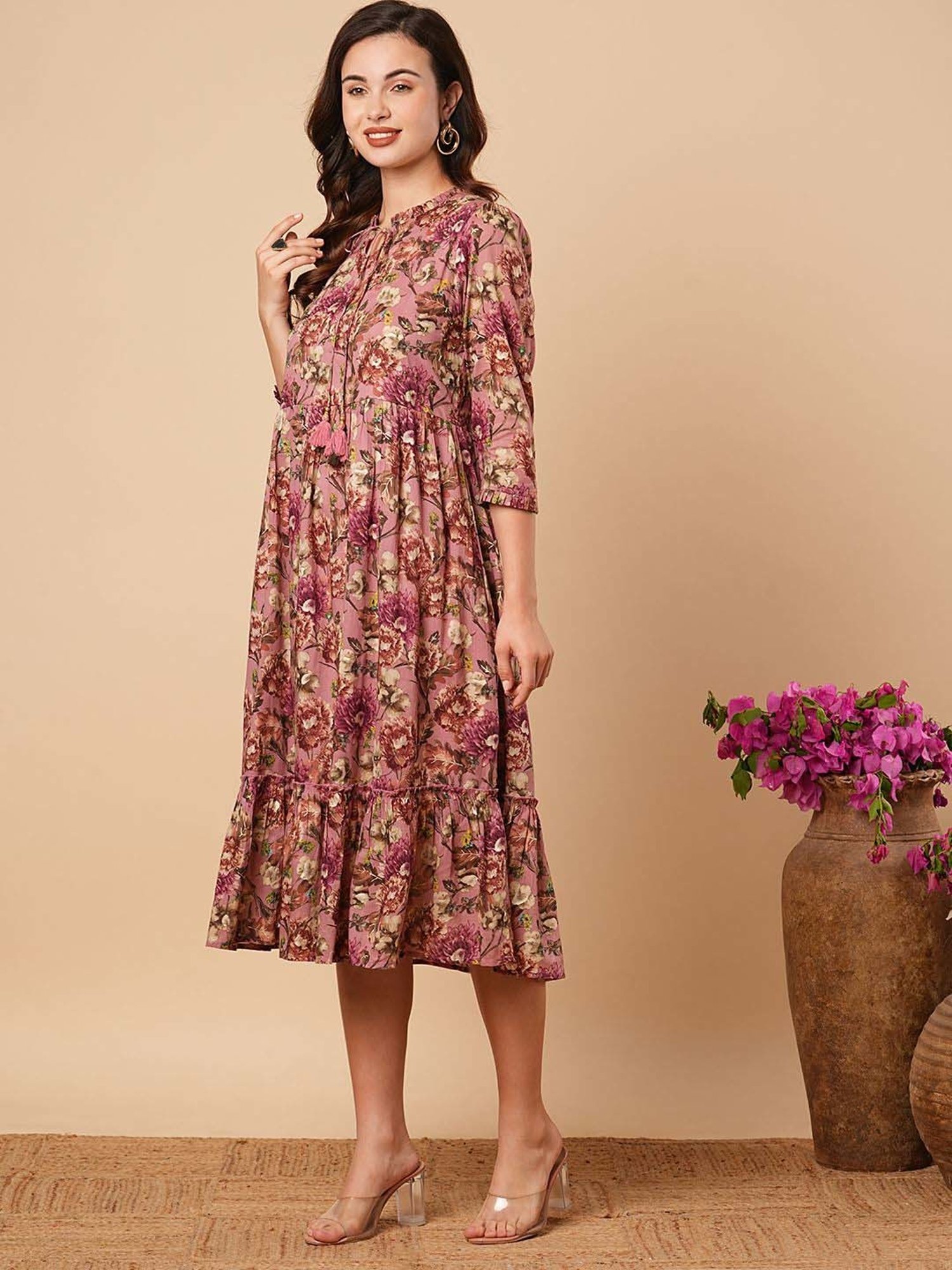 Fashor Purple Cotton Printed A-Line Dress