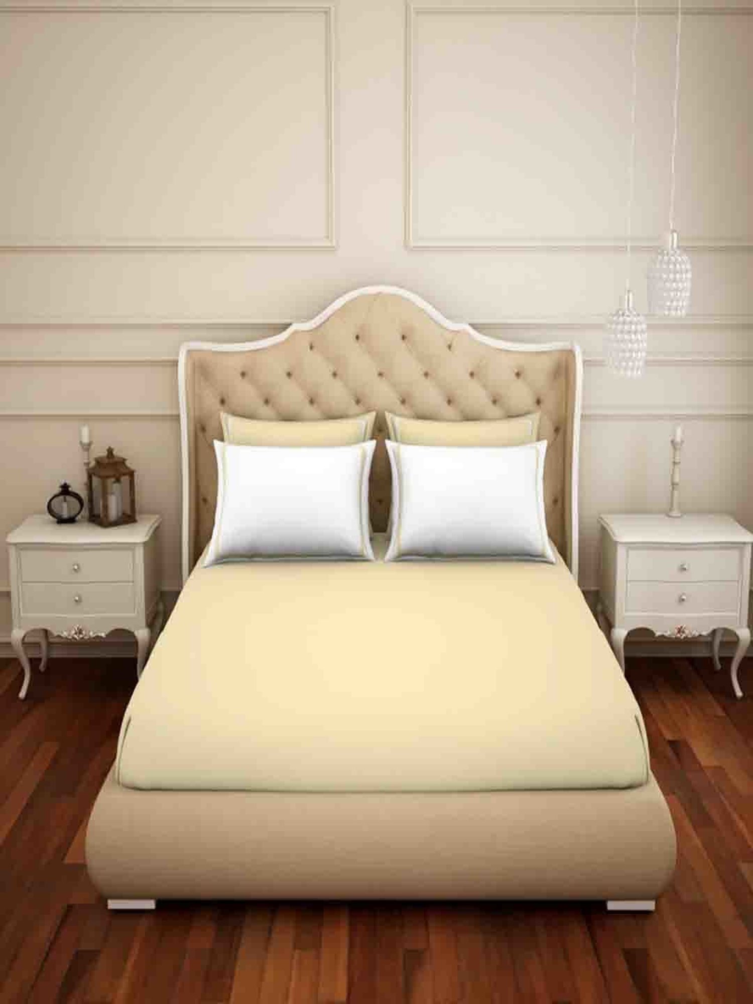 Spaces Solid Yellow 300 TC Cotton Double Bed Sheet with 4 Pillow Covers