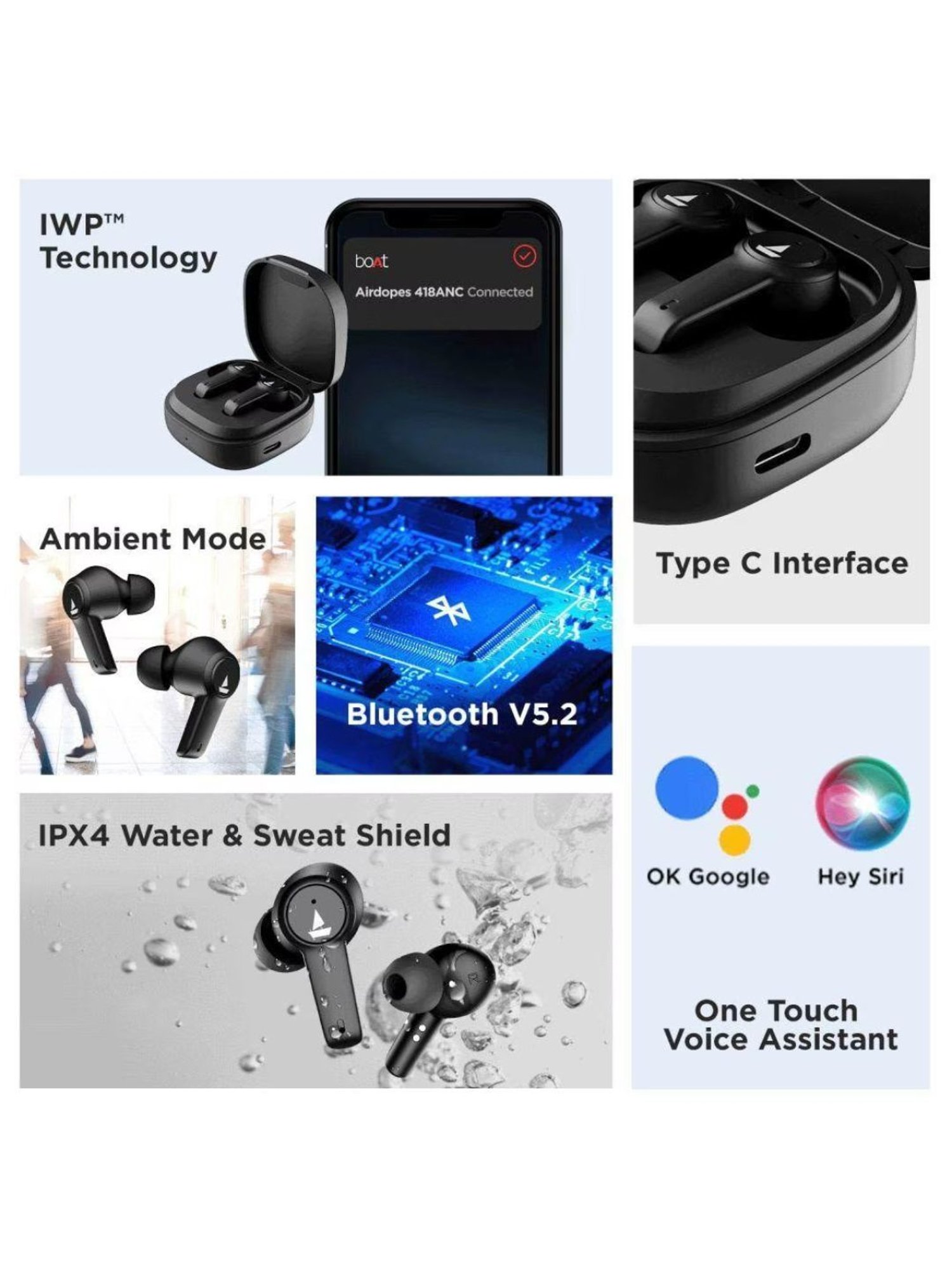 Boat Airdopes 418 ANC Noise-cancelling Earbuds With 10mm Drivers (Black)