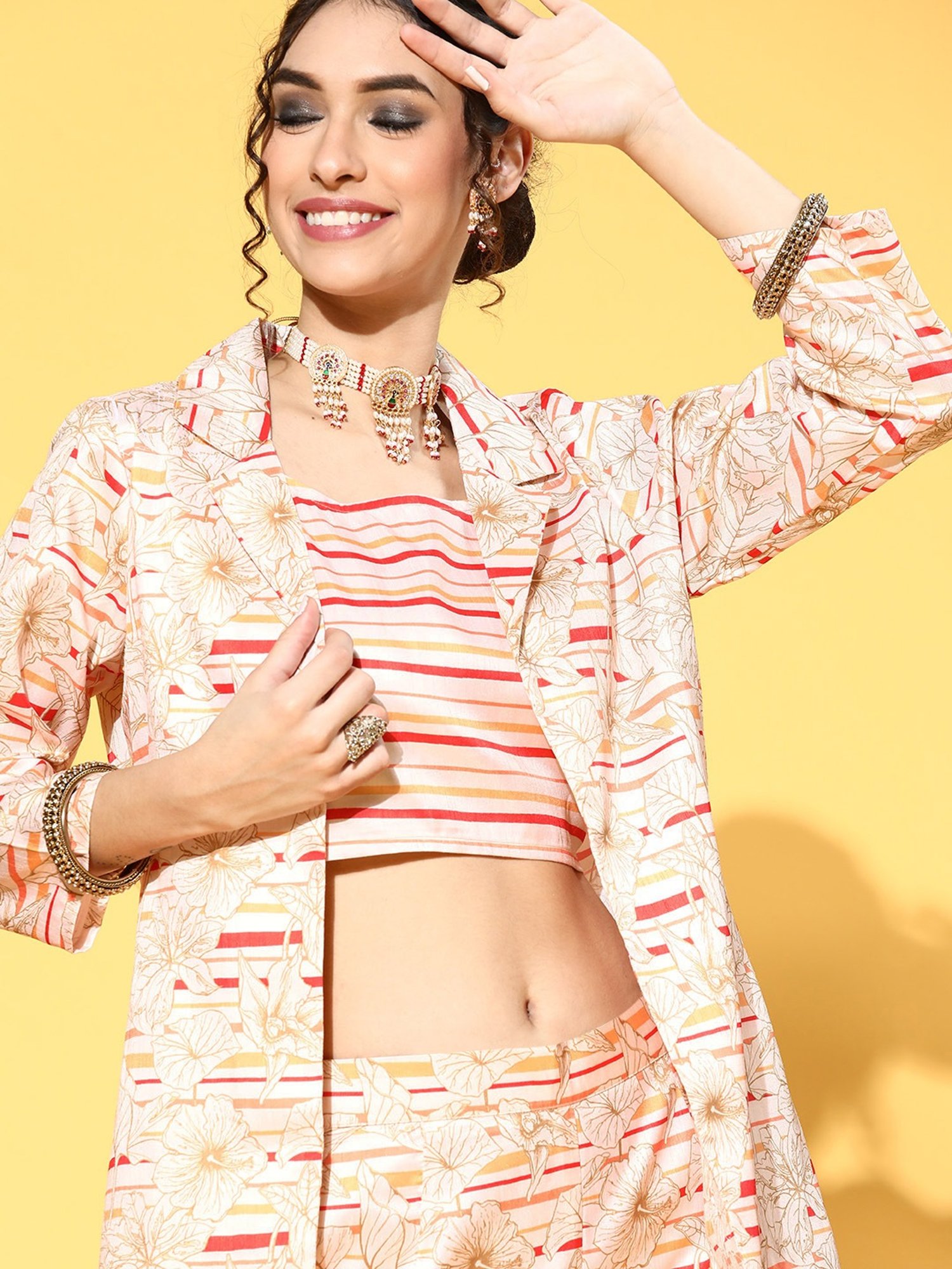 Ziyaa Beige Printed Crop Top Pant Set With Coat