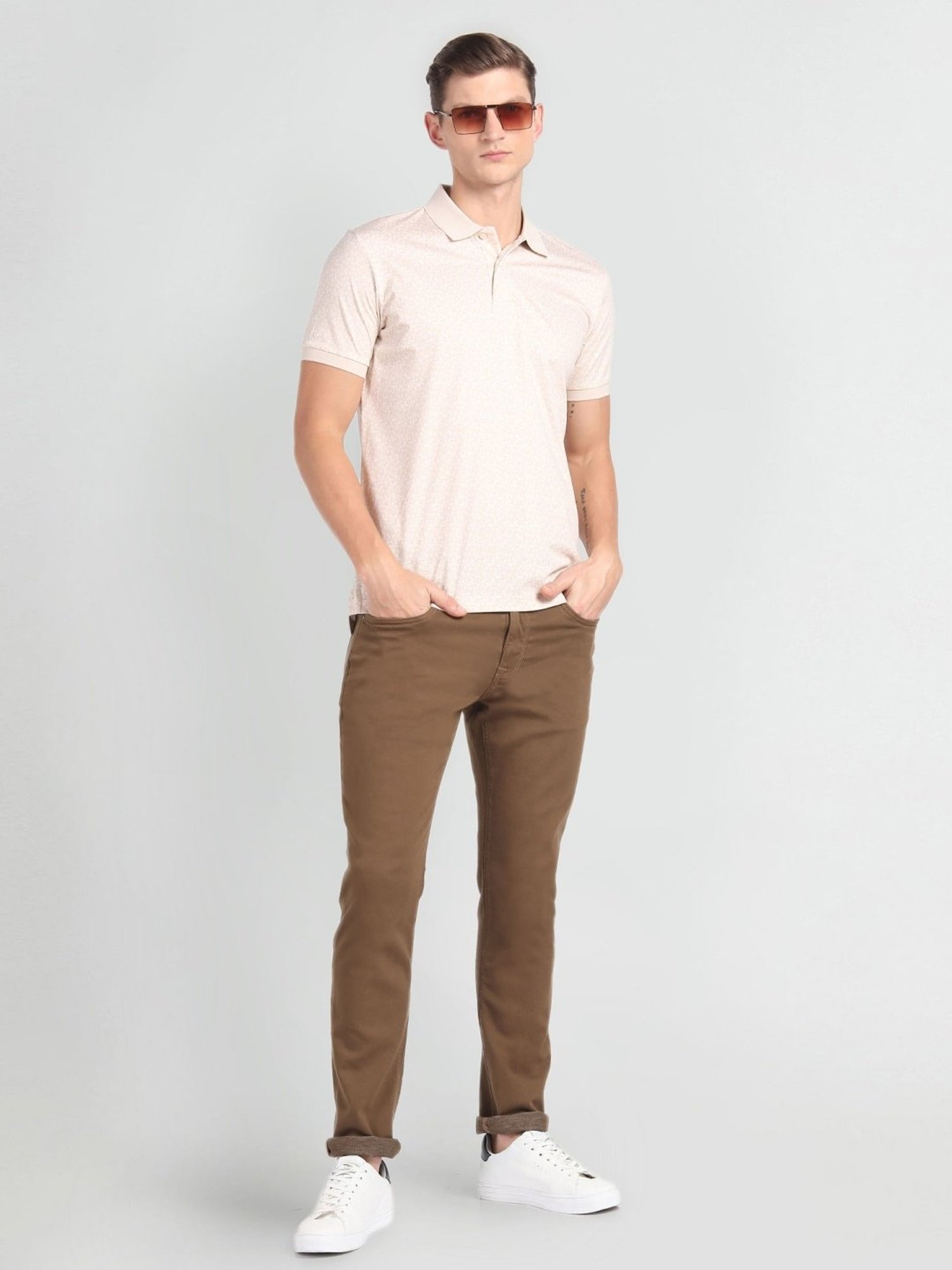 Arrow Beige Cotton Regular Fit Printed Polo T-Shirt