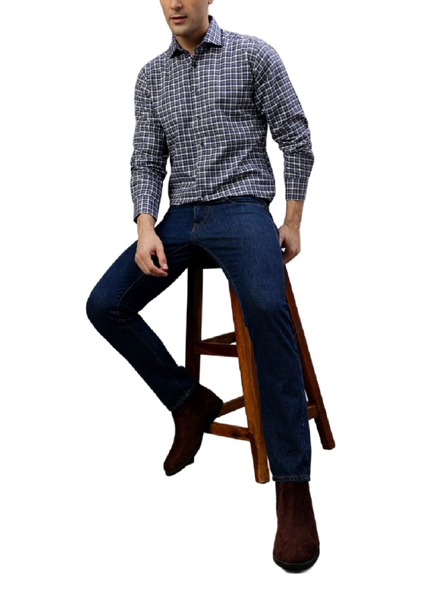 Bruun & Stengade Blue Cotton Regular Fit Checks Shirt