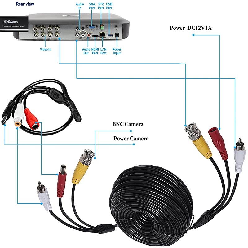 HD Audio Video Security Camera BNC Power Cable Gift BNC PreMade AllinOne Extension Wire CCTV Cord with BNC RCA Connectors 30 m 3in1100 Ft