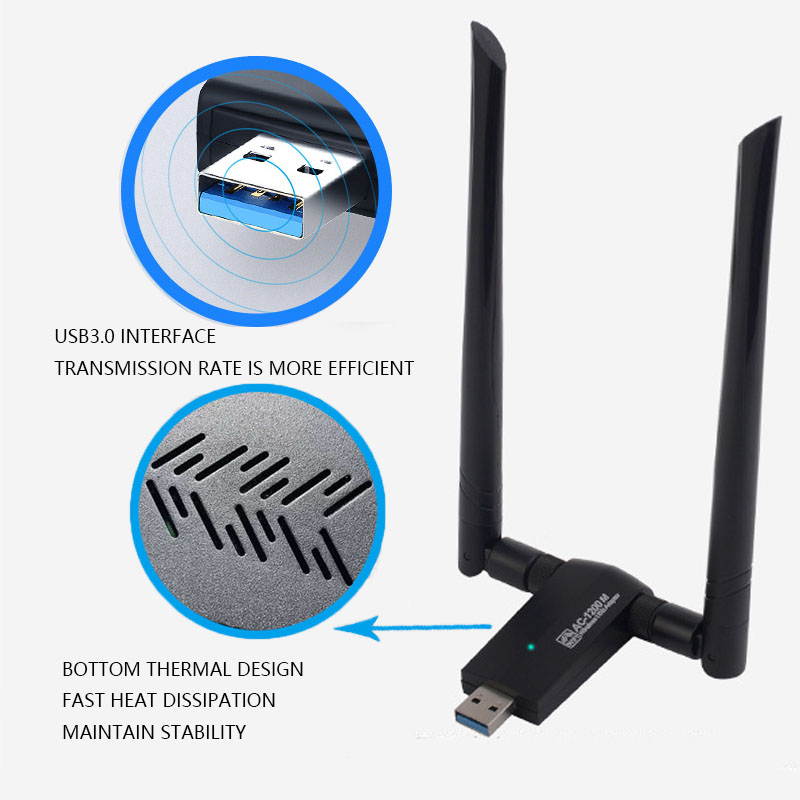 CUUWE USB WiFi Adapter for PC,  1200Mbps Dual Band 2.42GHz/450Mbps 5.8GHz/1200Mbps High Gain 5dBi Antennas USB 3.0 Wireless Network Adapter for Desktop Laptop with Windows 10/8/7/XP/Vista, Mac OS