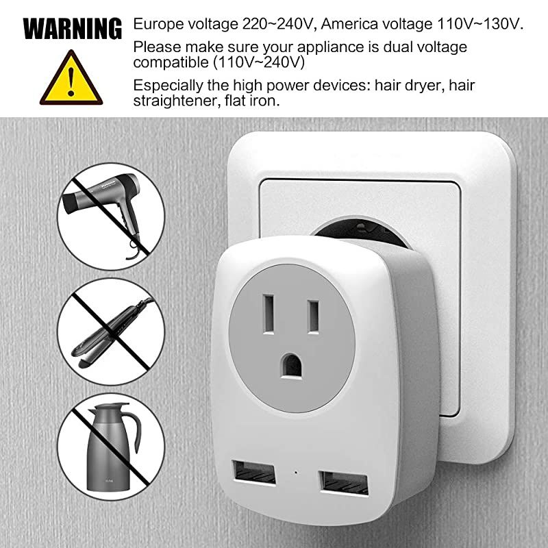 Travel Adapter America to Europe Plug Adapter with 2 USB Ports and 1 US AC Outlet International Travel Adapter for Most EU Countries GermanyFranceItalyGreece Not for UK Type C Plug