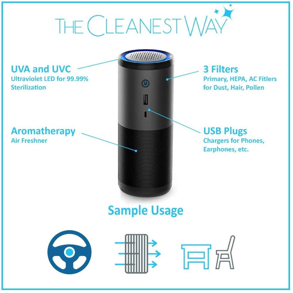 The Cleanest Way UV Scrub or Replacement Filter | UVC Air Purifier with H13 HEPA Carbon Filter | Circulates and Cleans Air | Portable and Lightweight | Great for the car, home, dorm or office