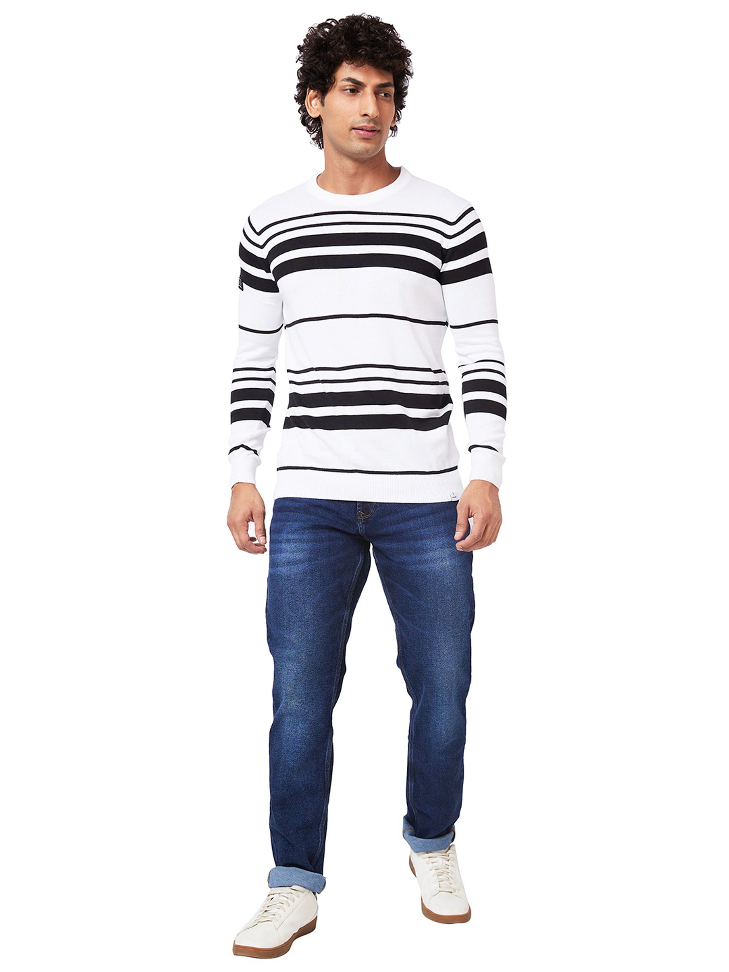 Spykar White Regular Fit Striped Sweater