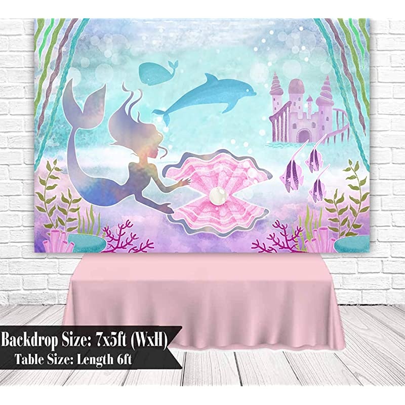 Under The Sea Little Mermaid Birthday Backdrop Banner for Girls Castle Whale Pearl Princess Mermaid Birthday Party Decorations Supplies Cake Table Background 7x5ft