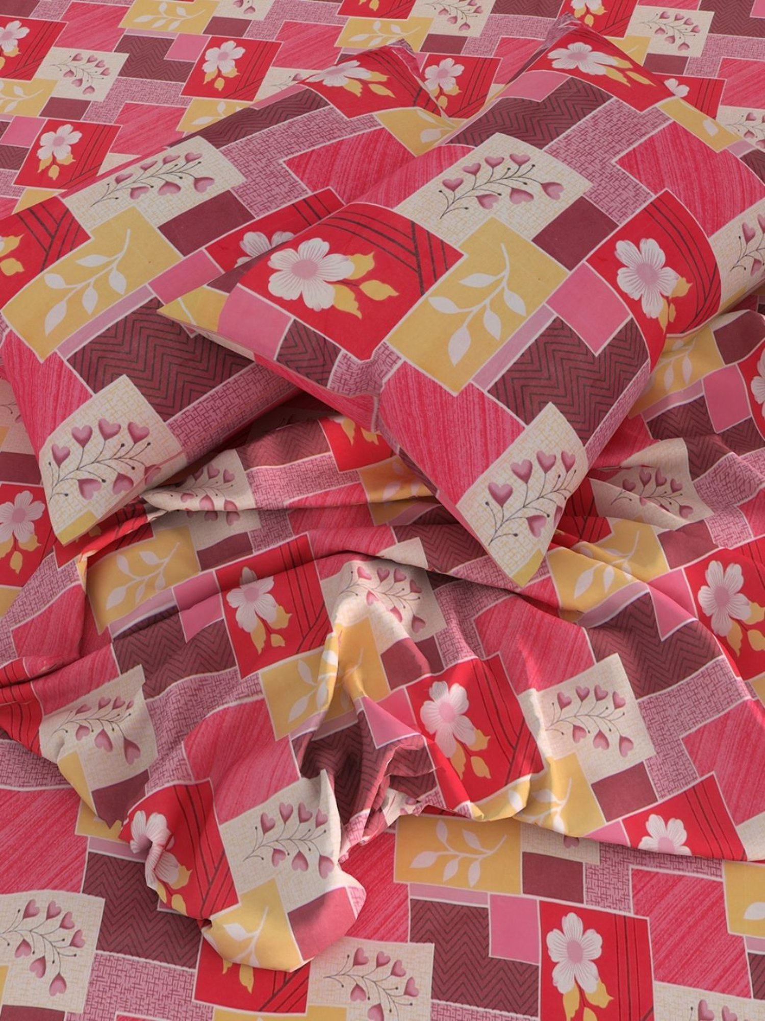 Romee Floral Beige & Orange 144 TC Cotton Queen Sized Bed Sheet with 2 Pillow Covers