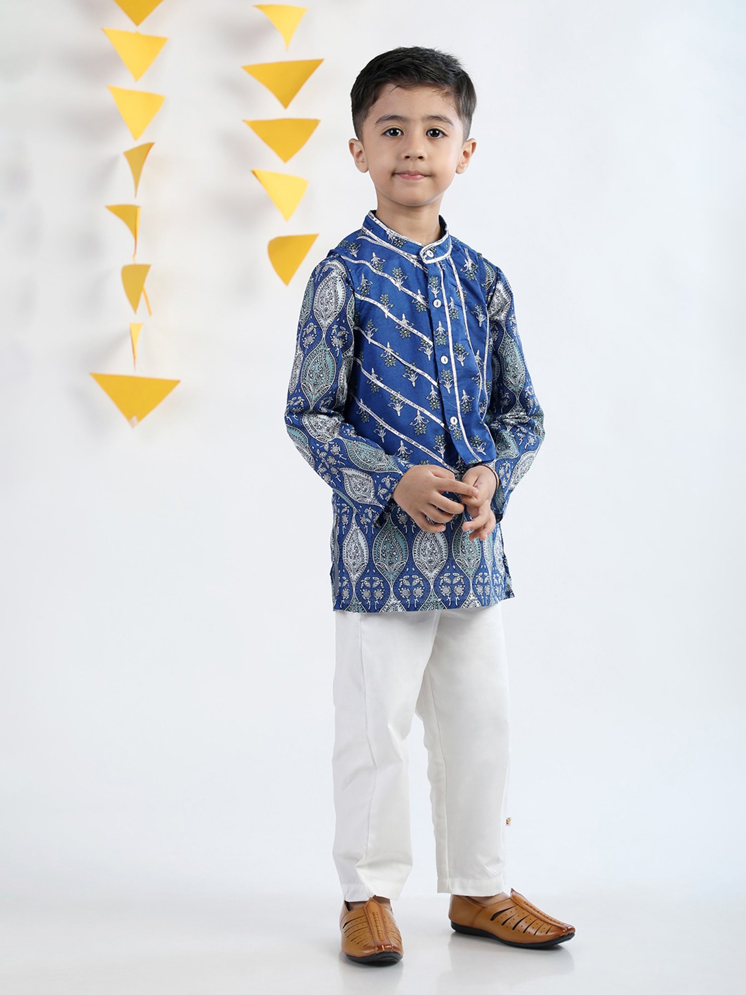 Budding Bees Kids Blue & White Printed Full Sleeves Kurta, Jacket, Pants with Wallet