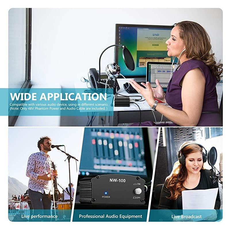 1-Channel 48V Phantom Power Supply with Adapter, BONUS+XLR 3 Pin Microphone Cable for Any Condenser Microphone Music Recording Equipment (8 feet)