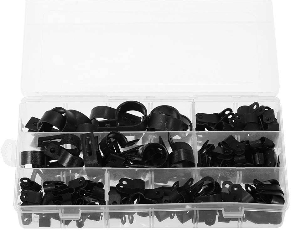 Cable Clamp 200 Pcs Black Nylon Plastic R-Type Cable Clamps 3/16" 1/4" 3/8" 1/2" 3/4" 1" Clips Fasteners Assortment for Cable Conduit