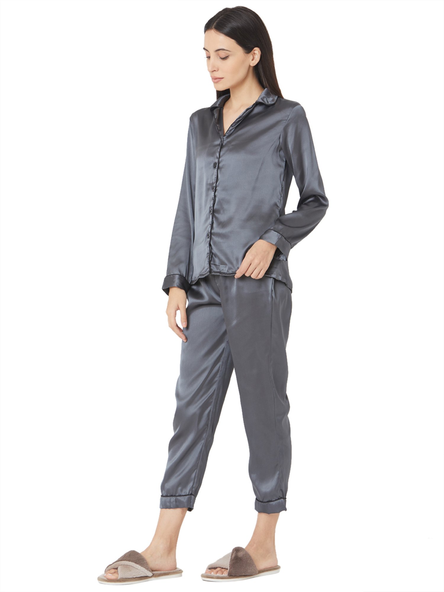 Smarty Pants Dark Grey Satin Print Shirt With Pyjamas