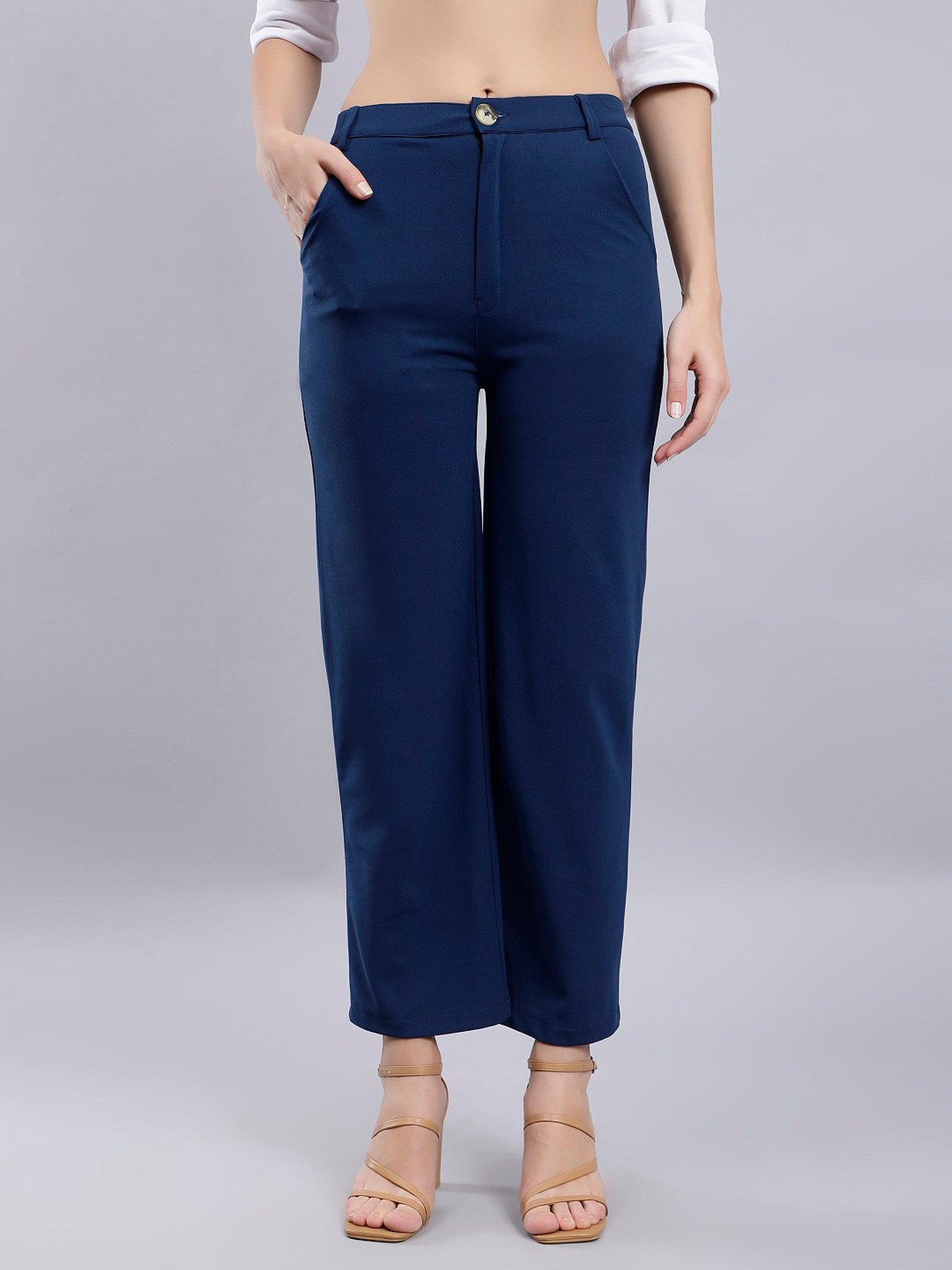 Anvi Be Yourself Blue Straight Fit Mid Rise Trousers