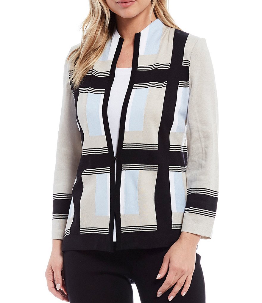 Misook Long Sleeve Funnel Neck Colorblock Plaid Jacket