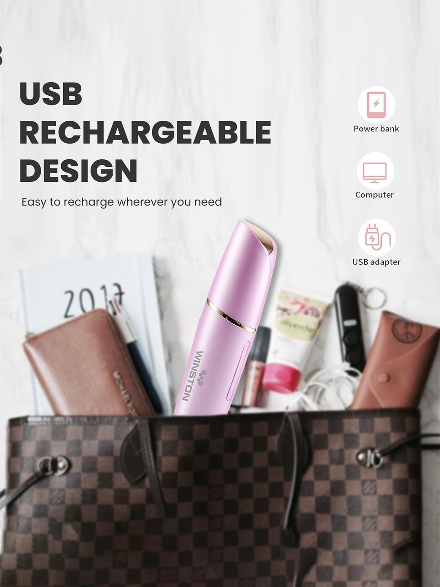 WINSTON Rechargeable Battery Operated Face Trimmer Waterproof Head Cordless Women Face Hair Remover