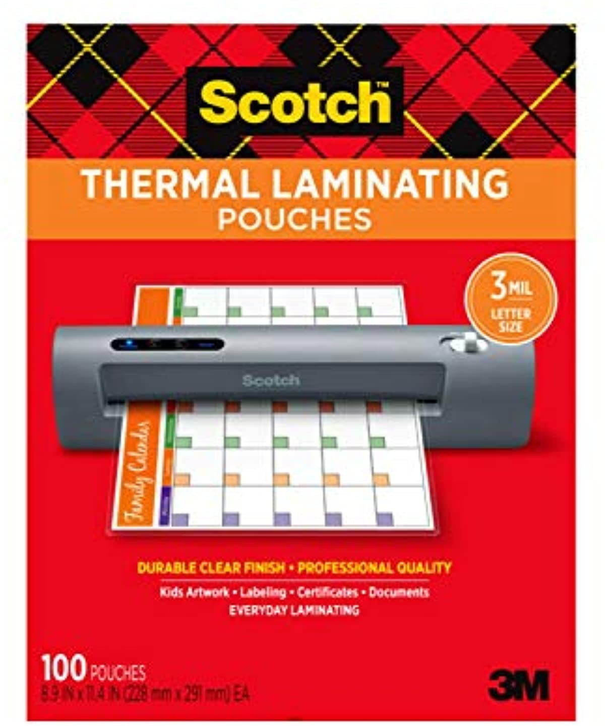 Scotch TP3854-100 Letter size thermal laminating pouches, 3 mil, 11.5 x 9, 100 per pack