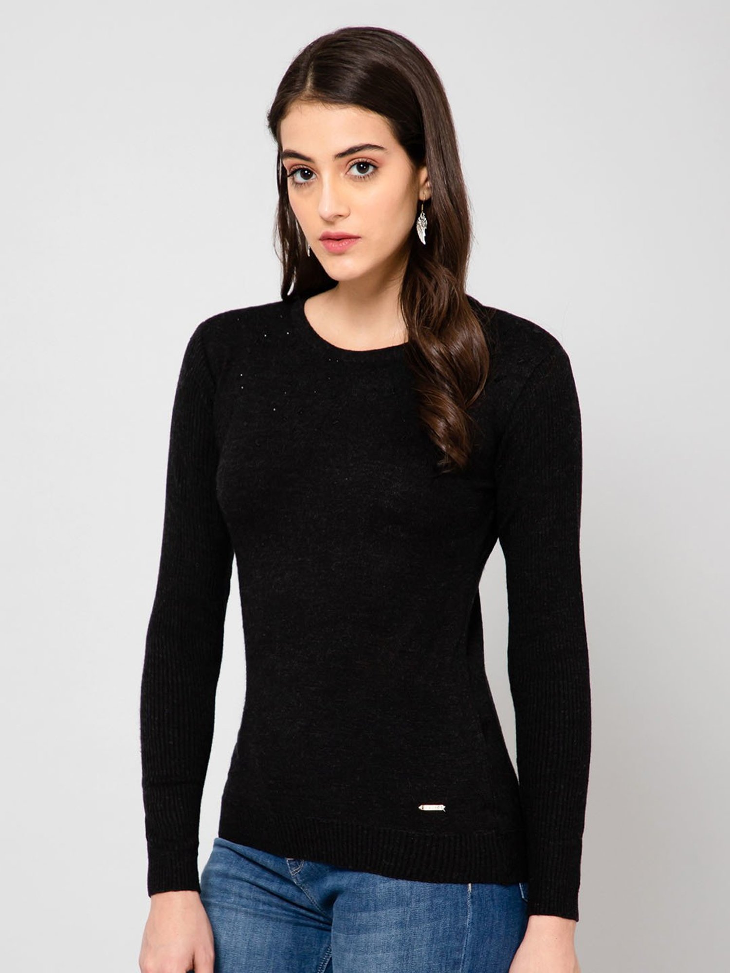 Crozo By Cantabil Black Wool Embellished Pullover
