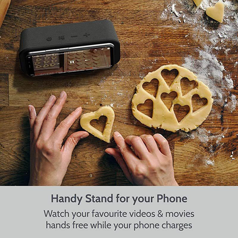 Speaker with Wireless Charger Stand, Premium Stereo Sound Speaker 18 Hours Playtime, 2 in 1 Home Audio Player Qi Charger Charging Compatible with iPhone, Samsung, Qi-Enabled Smartphones