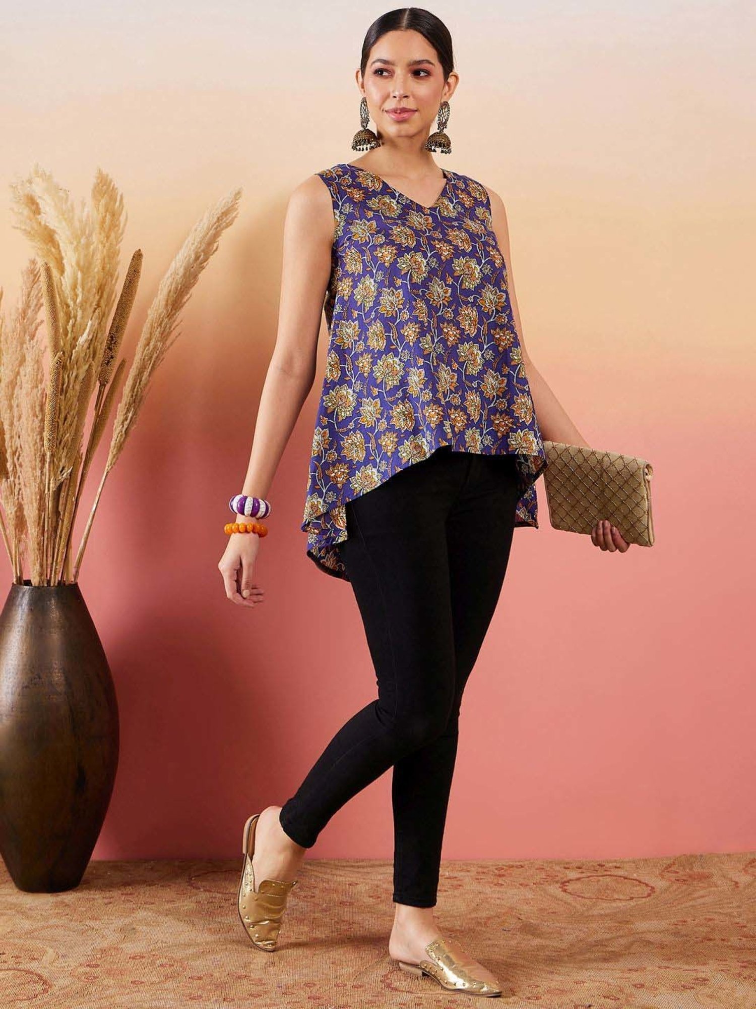 Inweave Royal Blue Cotton Floral Print Top