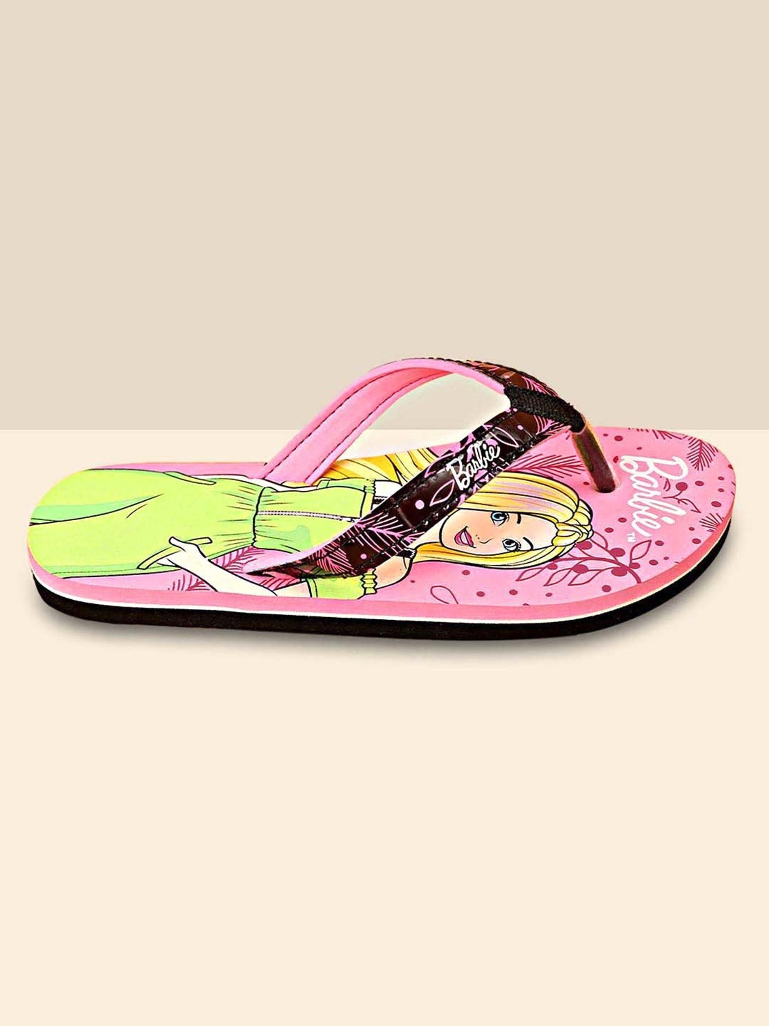 Kidsville Barbie Printed Pink & Green Flip Flops