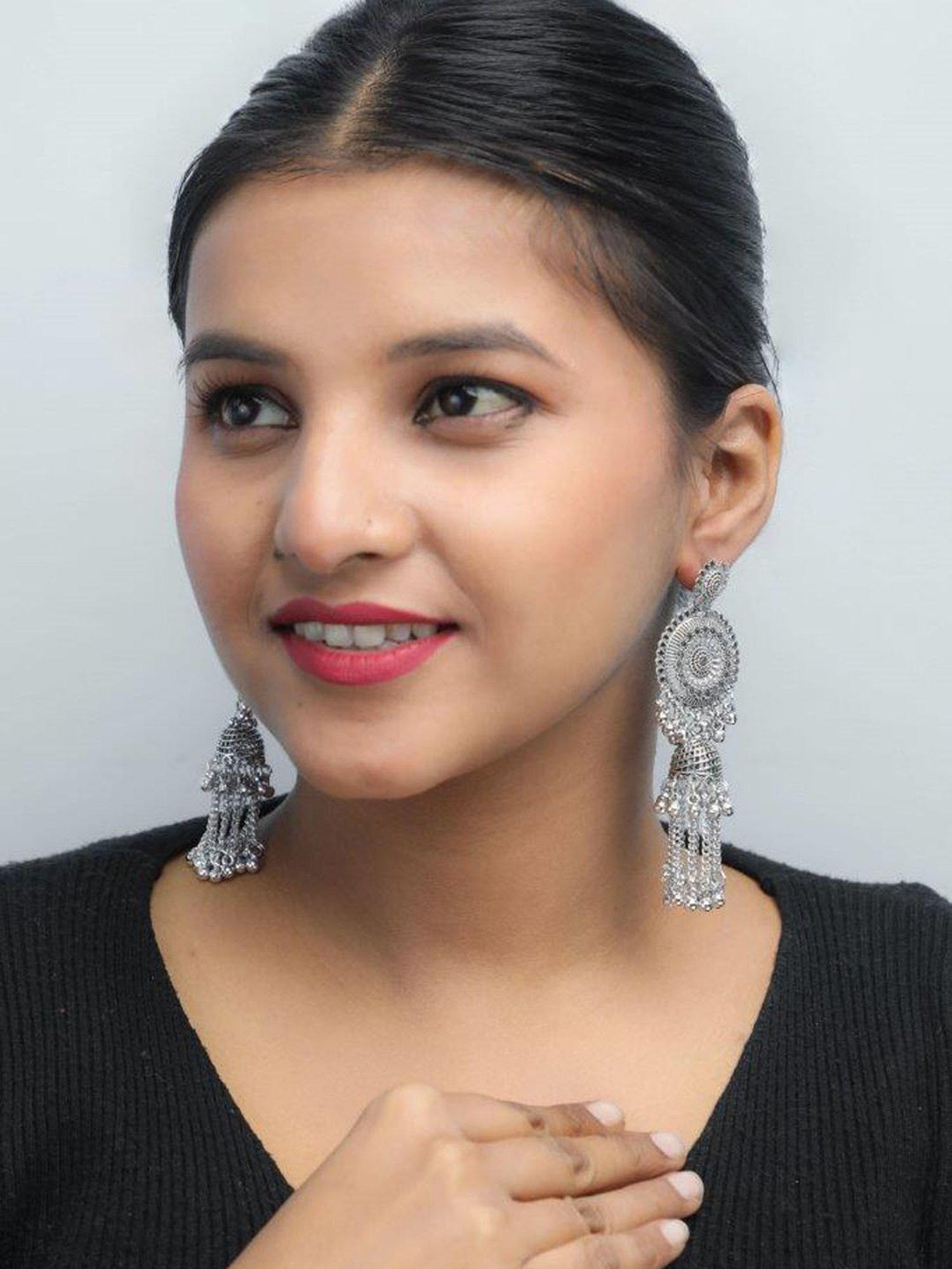VOJ Silver Plated Oxidised Ghungharoo Studded Earrings for Women