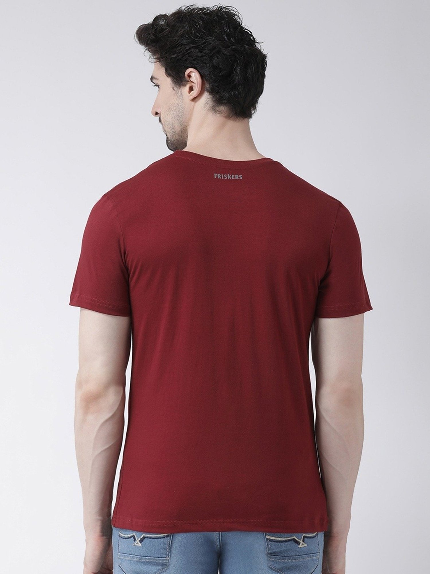 Friskers Maroon Cotton Slim Fit Printed T-Shirt