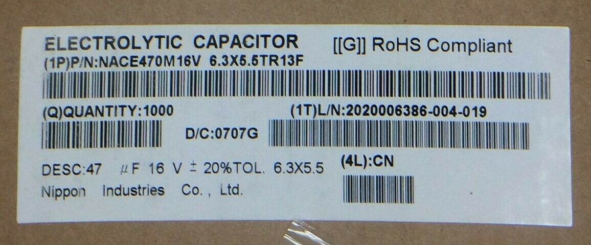 NACE470M16V6.3X5.5TR13F NIPPON Cap Aluminum Lytic 47uF 16V 20% ROHS 100 PIECES