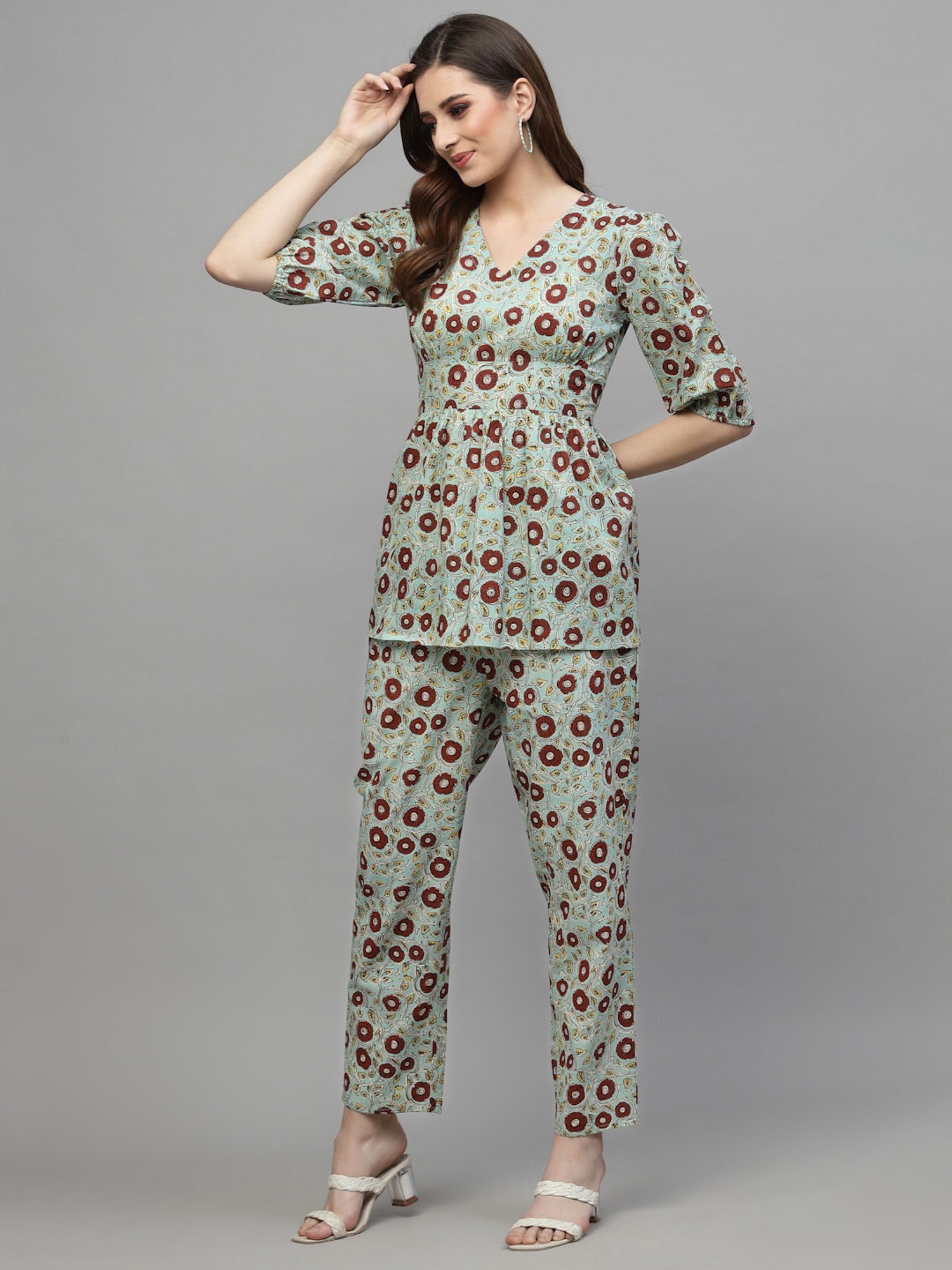 Stylum Turquoise Cotton Floral Print Tunic Pant Set