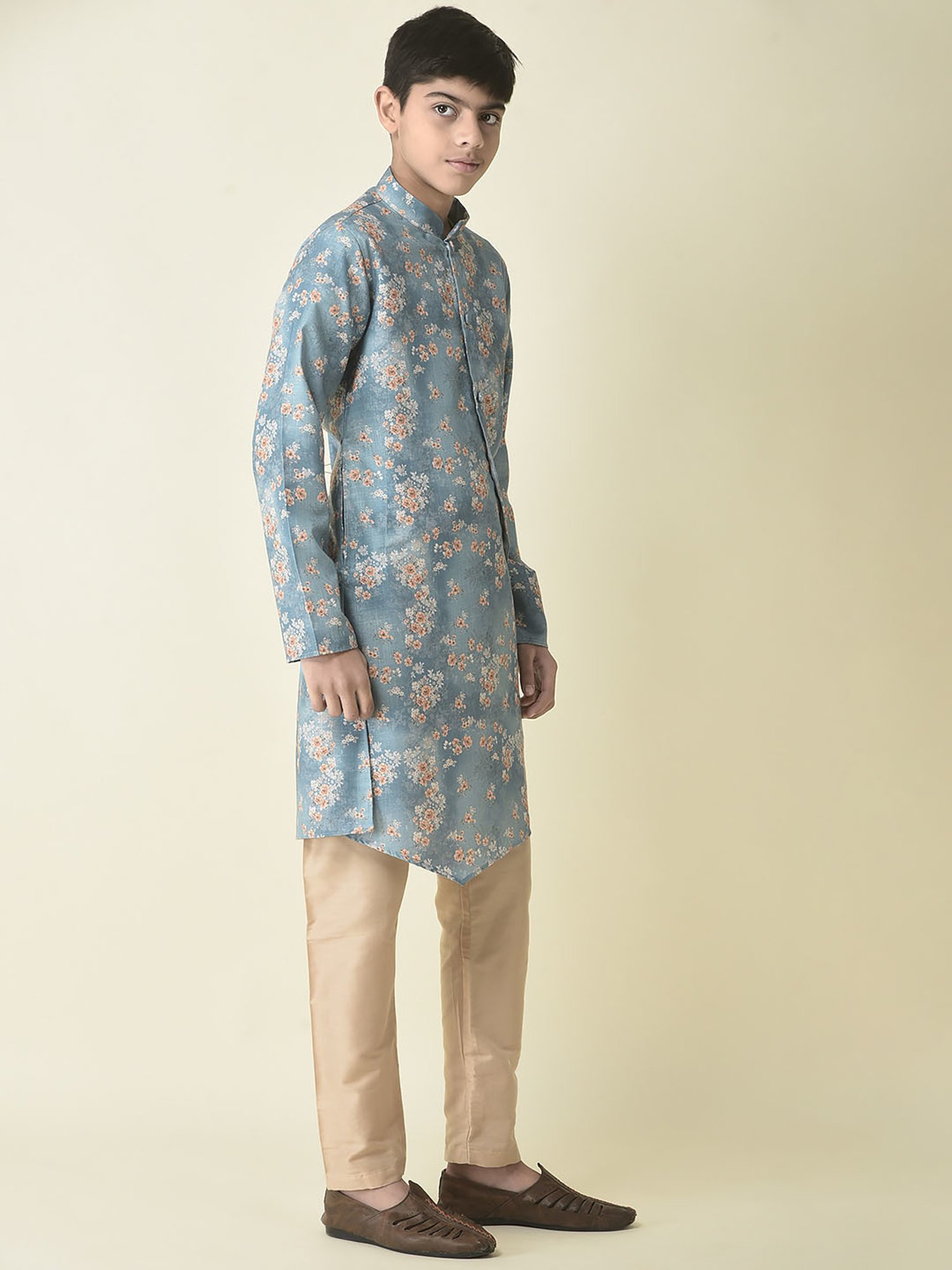 TABARD Kids Blue & Beige Floral Print Full Sleeves Kurta with Churidar