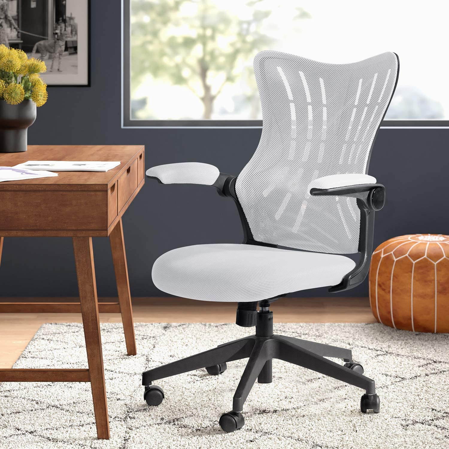 Furmax Office Desk Chair with Flip Up Arms, Mesh Mid Back Computer Chair Swivel Task Chair with Ergonomic Lumbar Support (White)