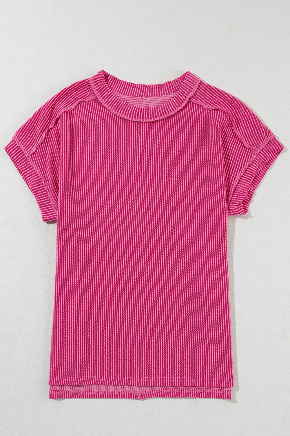 Rose Red Crinkle Rib Textured Knit Round Neck T Shirt