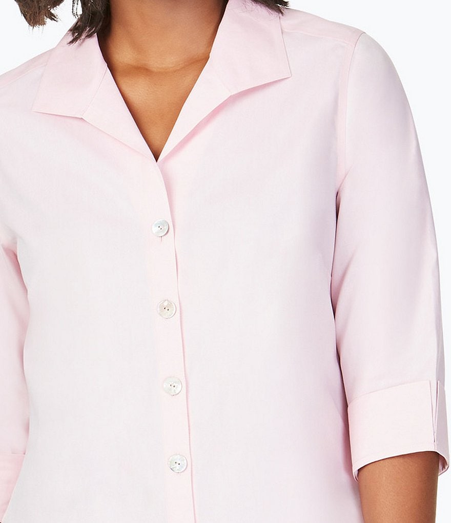 Foxcroft Plus Size Pandora 3/4 Sleeve Spread Point Collar Neck Button Front Shaped Tunic