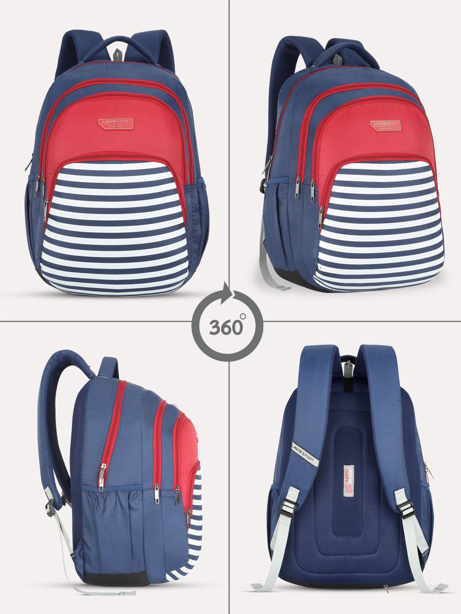 Lavie Sport Nautical 39L Printed School Unisex Backpack with Rain cover for Boys/Girls (Navy)