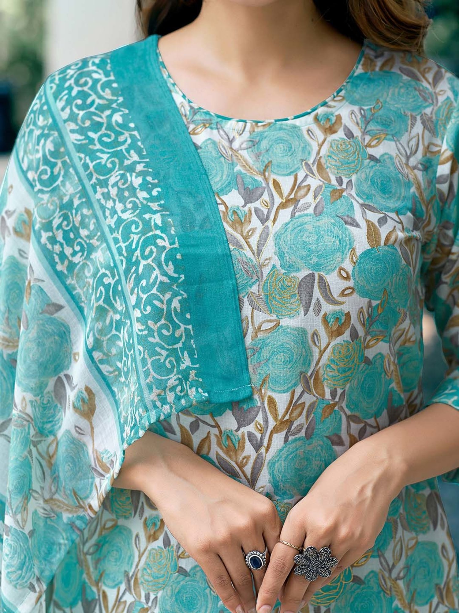 Skylee White & Green Floral Kurta With Pant & Dupatta