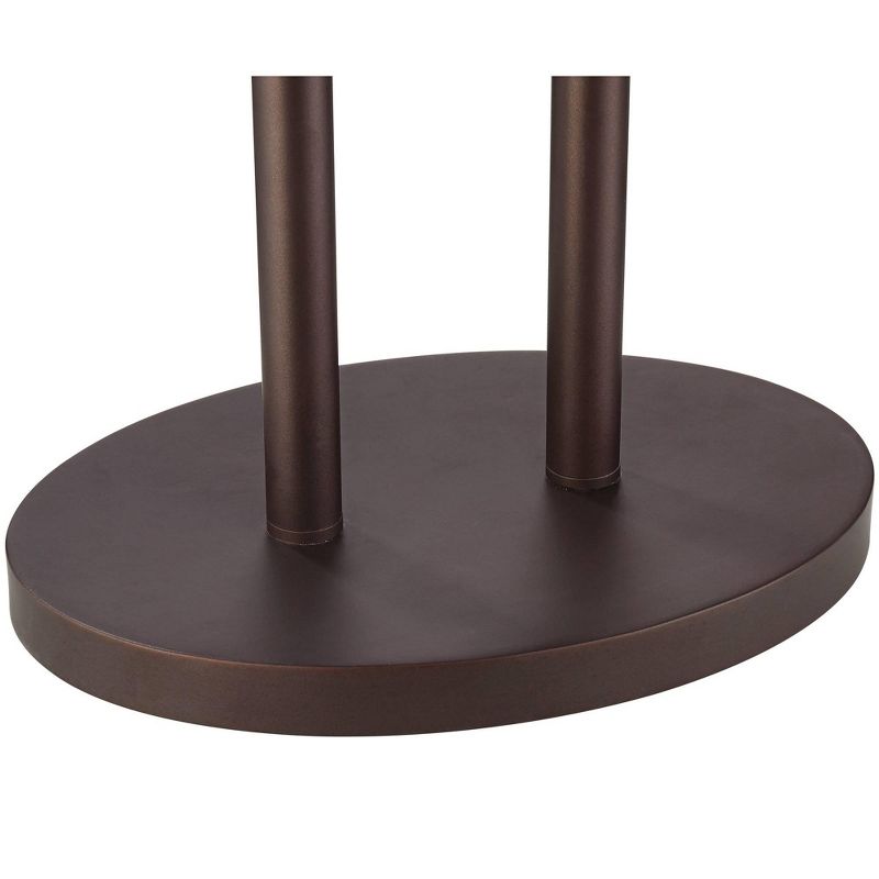 Franklin Iron Works Modern Industrial Floor Lamp with Table and USB Bronze Walnut Oval Linen Shade Living Room Bedroom Office