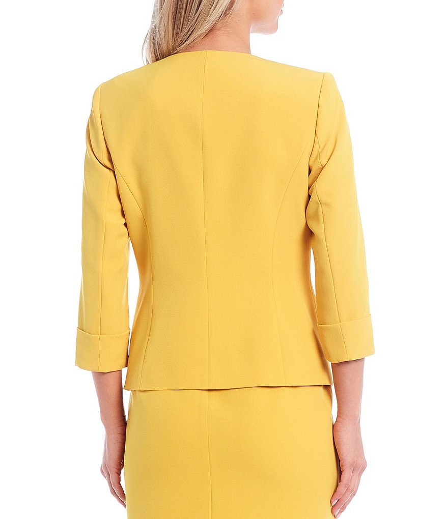 Kasper Petite Size Stretch Crepe Seamed Roll Cuffed Sleeve Open Front Jacket